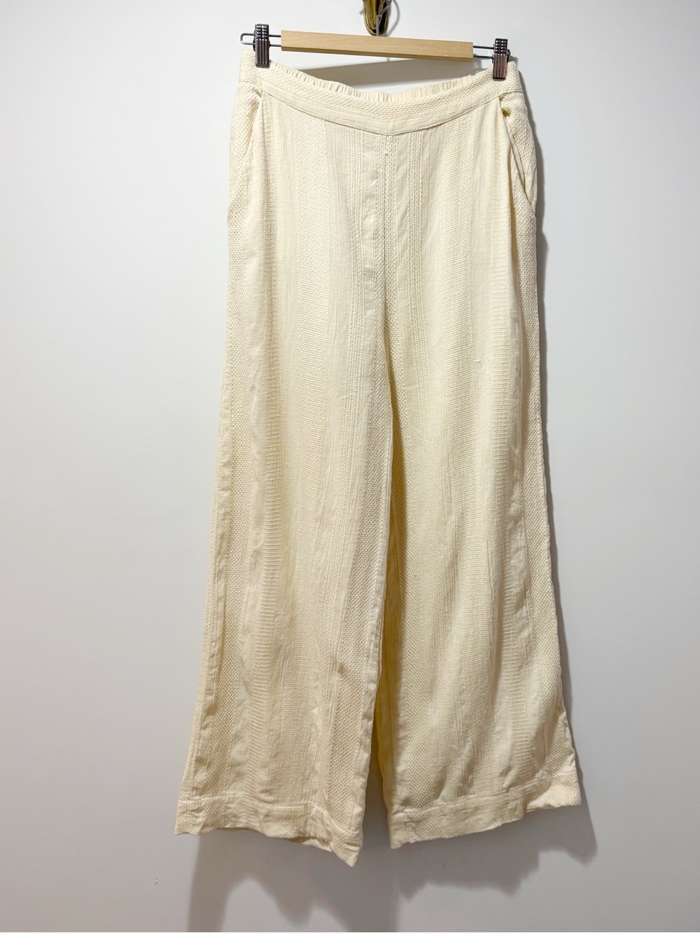 Free People Demi Cotton-Linen Pants Wide Leg Size Small Cream Textured Weave